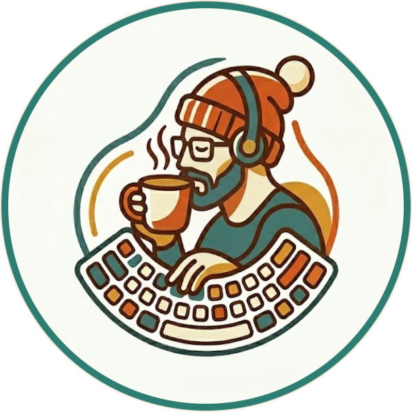 Illustration of the maker sipping coffee at a keyboard